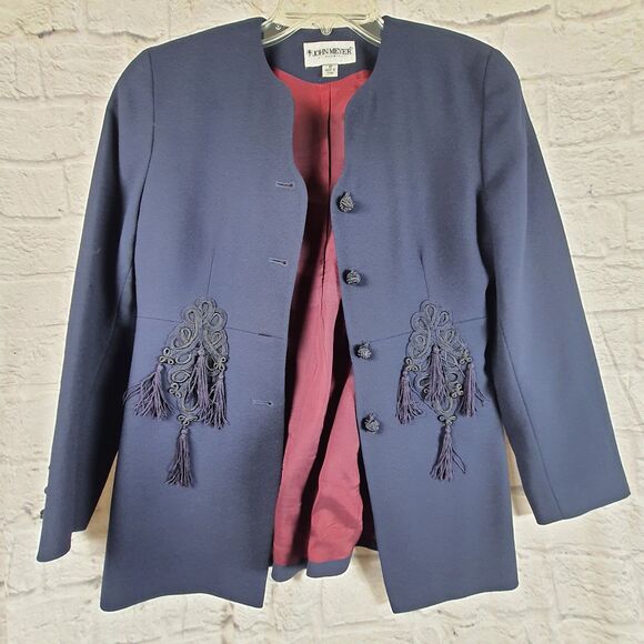 Vtg John Meyer Of Norwich Nehru Jacket Womens 8P Petite Wool Tassels - Picture 1 of 7